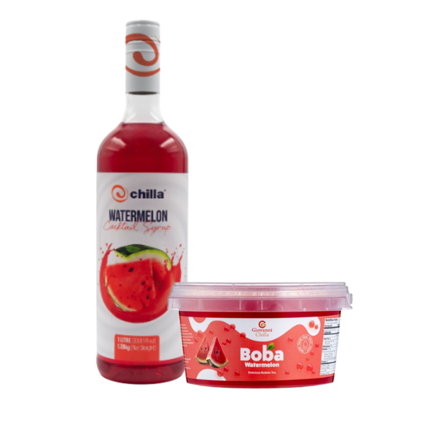 Watermelon Popping Boba Bubble Tea 500g + 1L Cocktail Syrup - Combo Pack