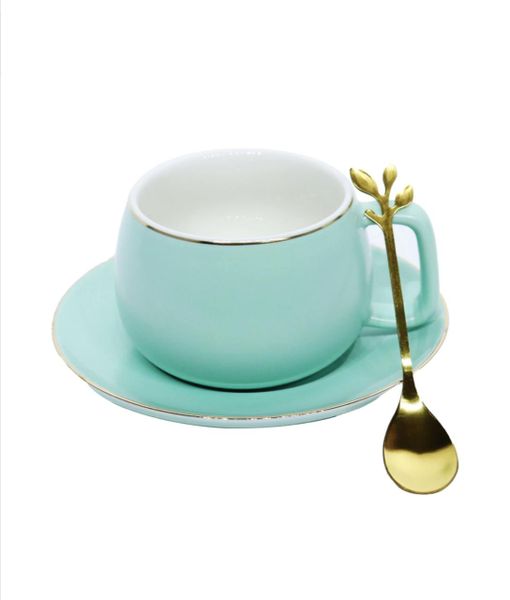 Ceramic Cup &amp; Saucer with Spoon-Mint Color