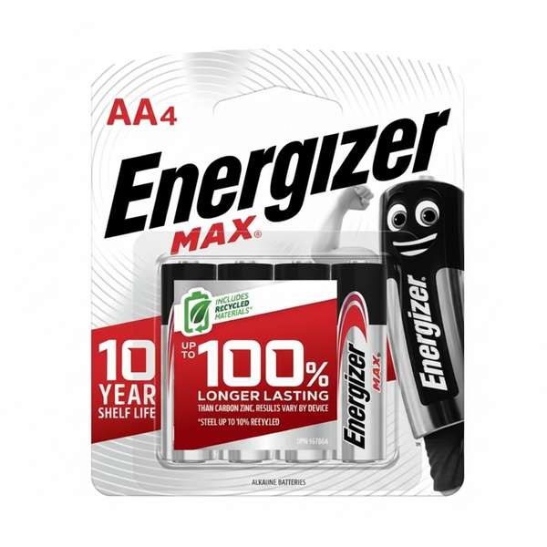 Energizer AA Alkaline Batteries 4 Piece - Long Lasting, Eco-Friendly