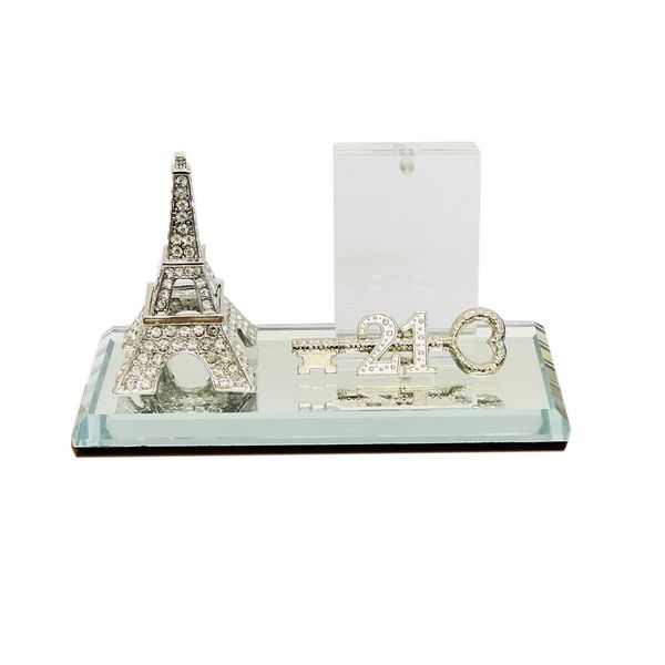 21st Key Eiffel Tower with Crystal Stones Silver with Magnetic Photo Holder