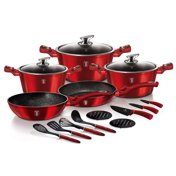 Berlinger Haus 17 Piece Marble Coating Non-Stick Cookware Set - Burgundy