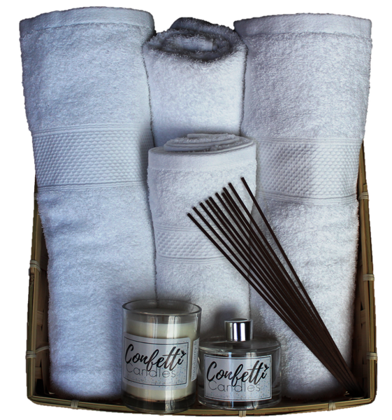 Gift Set With Bath White Towels, Hand Towels, Candle And Diffuser.