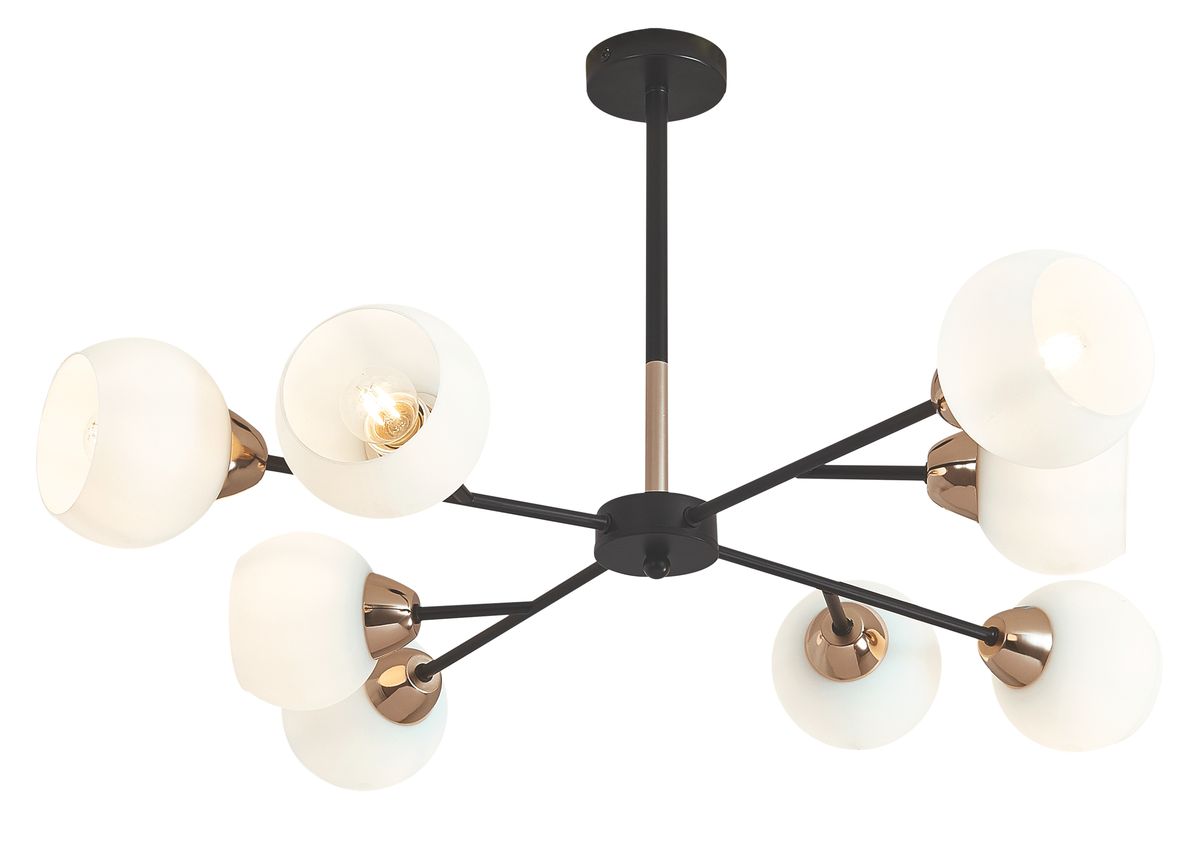 8 Light Metal Chandelier With White Glass
