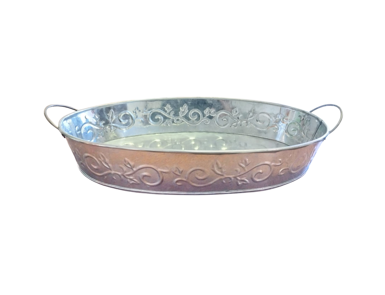 Oval Embossed Galvanized Metal Tray with Handles- Rust-Resistant