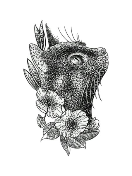 1 Piece - Floral Cat Silhouette Temporary Tattoo - Black