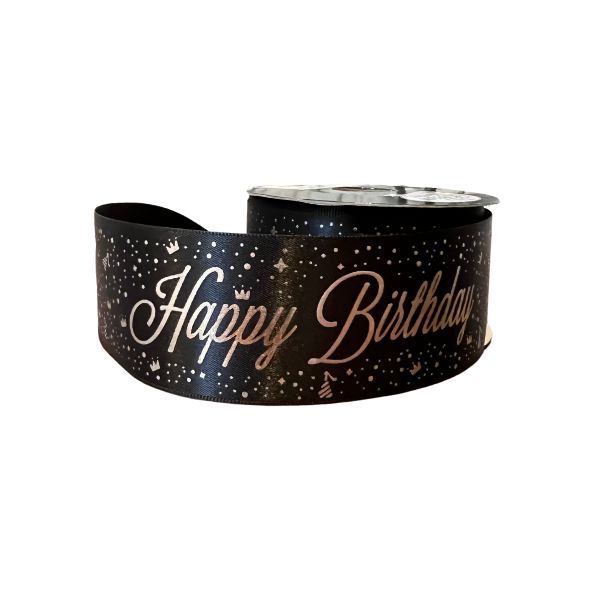 Black Satin Happy Birthday Ribbon, 40mm x 10m