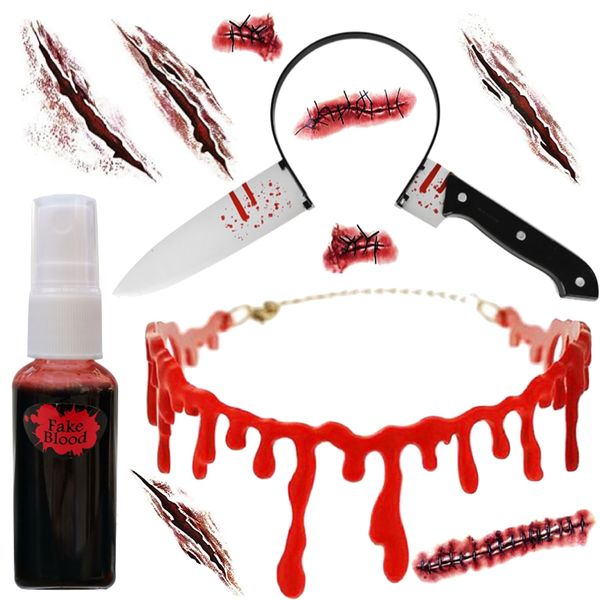 Halloween Fake Blood Necklace, Knife Headband, Blood Spray &amp; Scar Tattoos