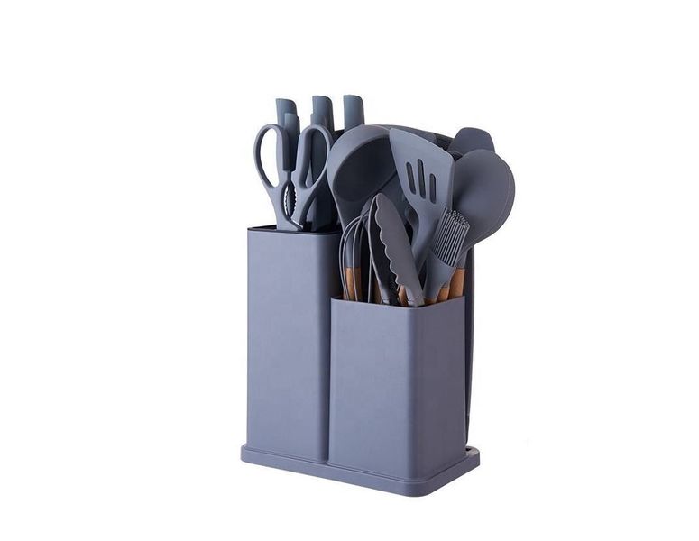 19-Piece Silicone Kitchen Utensil Set with Wooden Handles