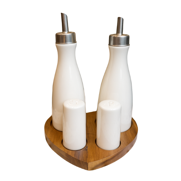 White Porcelain Oil &amp; Vinegar Bottles with Shaker Set on Wooden Stand