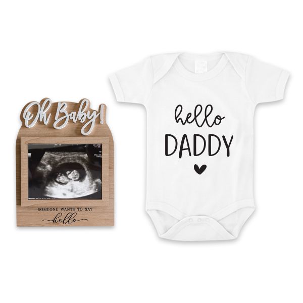 Hello Daddy Onesie &amp; Wood Baby Ultrasound Magnet Frame Pregnancy Gift Set