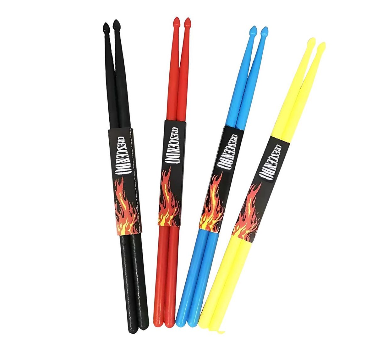 Crescendo Colourful Nylon 5A Drumsticks Set - Black, Blue, Yellow and Red