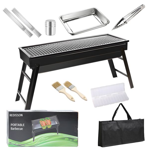 60 pieces charcoal grill set: Mini foldable tabletop grill for camping