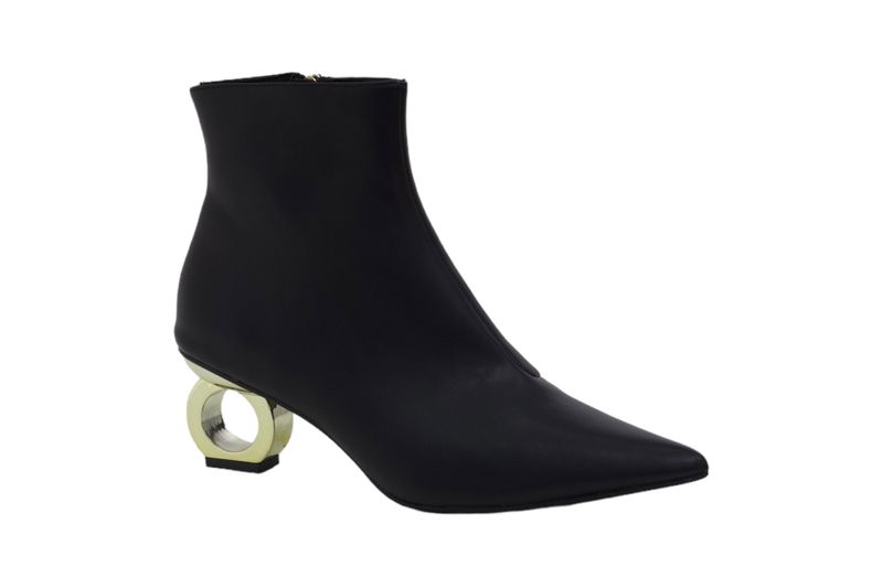 LaMara Paris Venata Pointy Toe PU Bootie On 5.5cm Gold Circle Heel Black