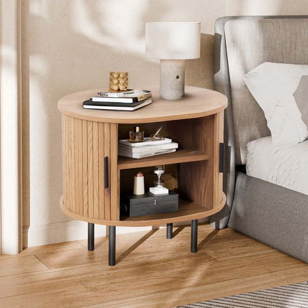 Tambour Nightstand Storage Accent Cabinet Sofa Side Table End Table