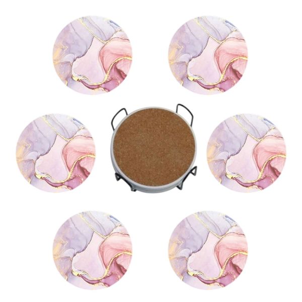 Set of 6 Ceramic Marble Design Coasters with Holder - Black/White
