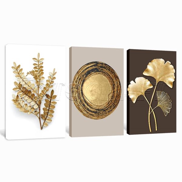 Canvas Art - 3 Piece Abstract Golden Leaves Matte Canvas Wall Art