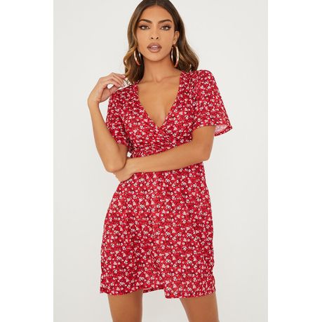 Red Ditsy Floral Wrap Tea Dress ...
