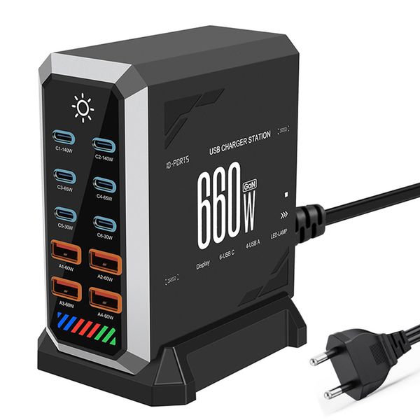 660W High Speed USB C Charger, 10 Port GaN Fast Charging Power Adapter