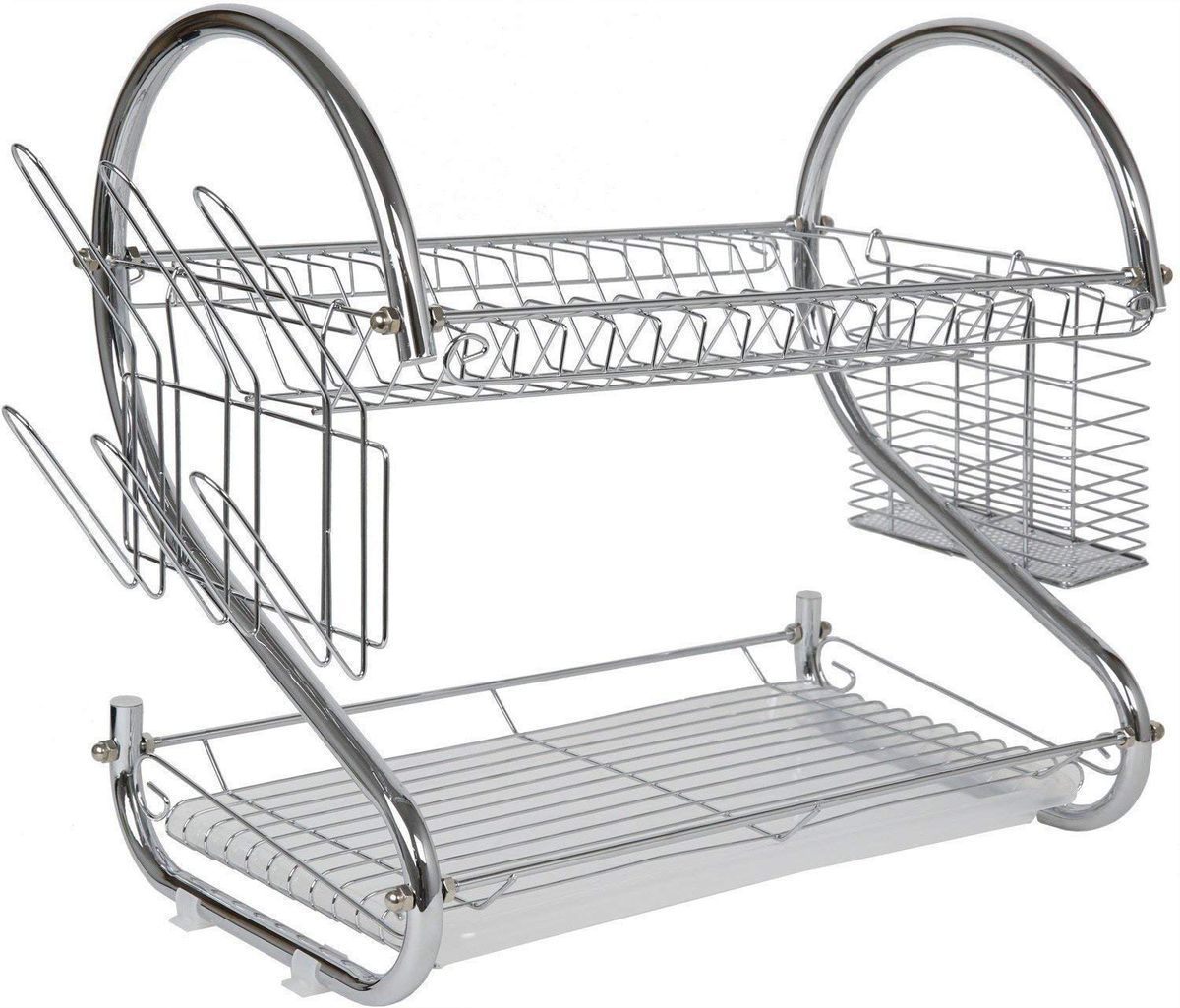 2 Layer Stainless Steel Tableware & Dish Rack with Cups and Cutlery