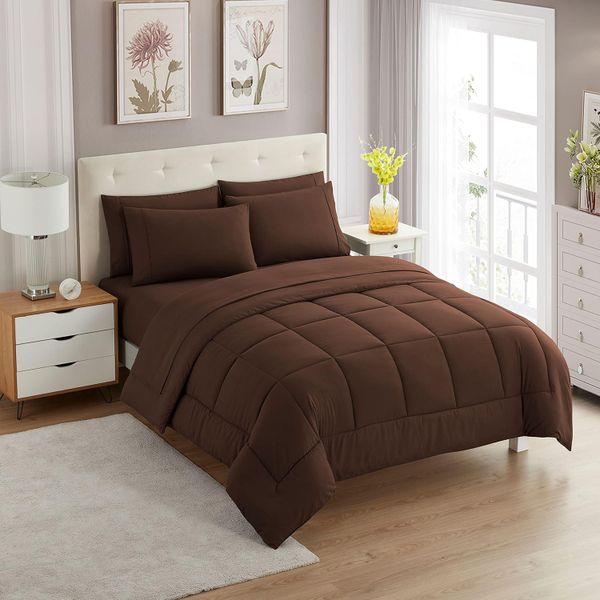 Dark Brown 5 Piece Luxury Double-Brushed Comforters Set - Queen