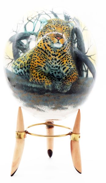 African Deco Leopard and World Map Ostrich Egg Including Bone Tripod Stand