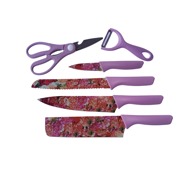 Pink Floral 6 piece kitchen knife set