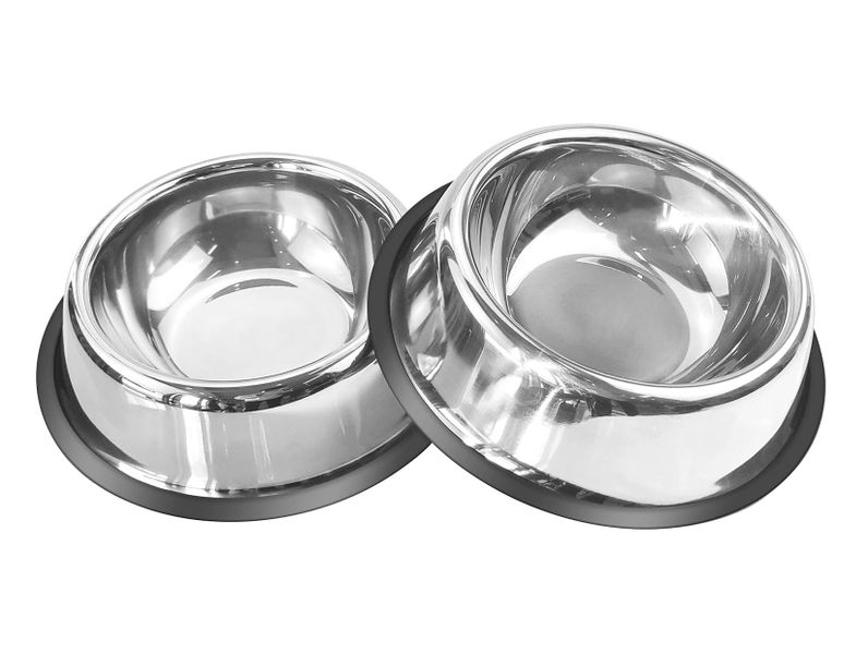 2 x Silver Stainless Steel Cat &amp; Dog Feeding Bowls Non-Slip Base