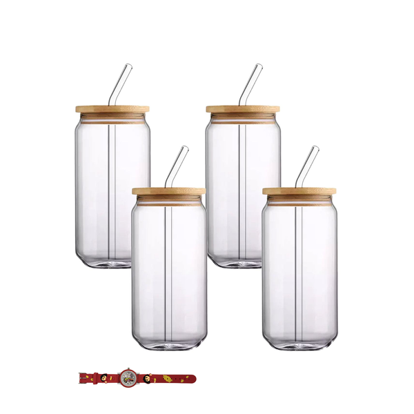 16oz Clear Beer Soda Drinking Glasses with Bamboo Lids Straw - 4 Pieces Set
