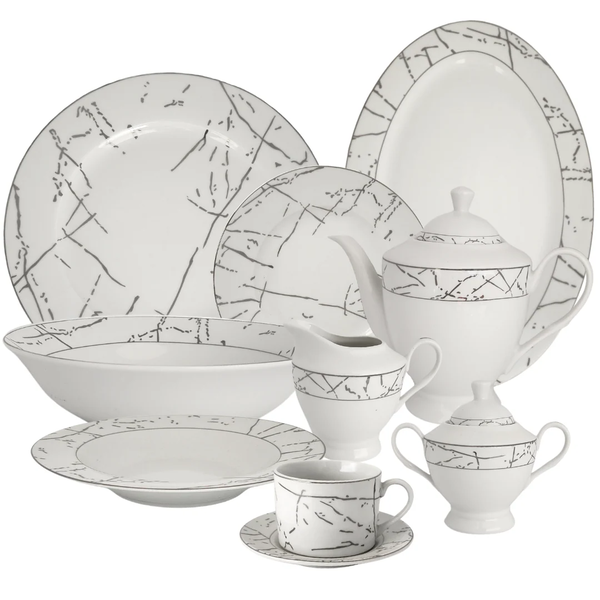 47 Piece Dinnerware Set:white and Silver