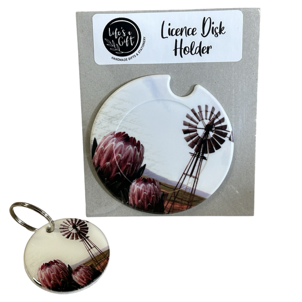 Licence Disk Holder &amp; Keyring - Windmill &amp; Proteas next to the Road