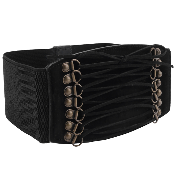 Women's Rivet Elastic Buckle Wide Waist Belt Waistband (Black)