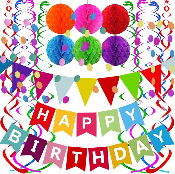 Happy Birthday Banner with Colorful Paper Flag Bunting Paper Circle