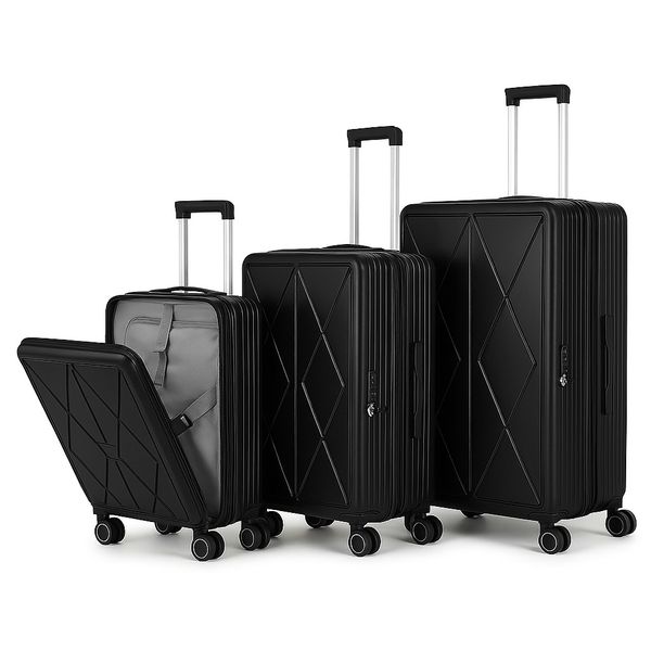 Premium Black 3-Piece PC Hardshell Luggage Set with Spinner Wheels