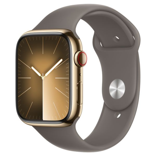 Apple Watch S9 45mm GPS+Cell Gold Stainless Steel Case, Clay Sport Band M,L
