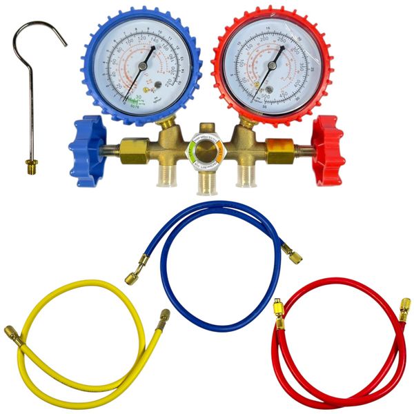 Professional R22/R12/R502 Brass Manifold Gauge Set -3 Pipe with ChargeHoses