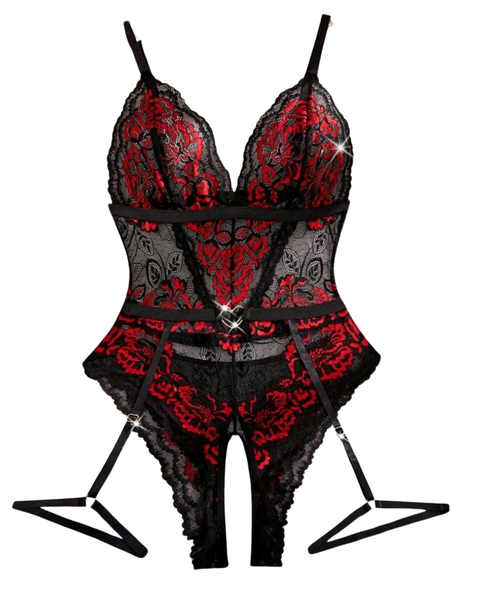 Black and Red Lace Bodysuit with Garters Lingerie Set