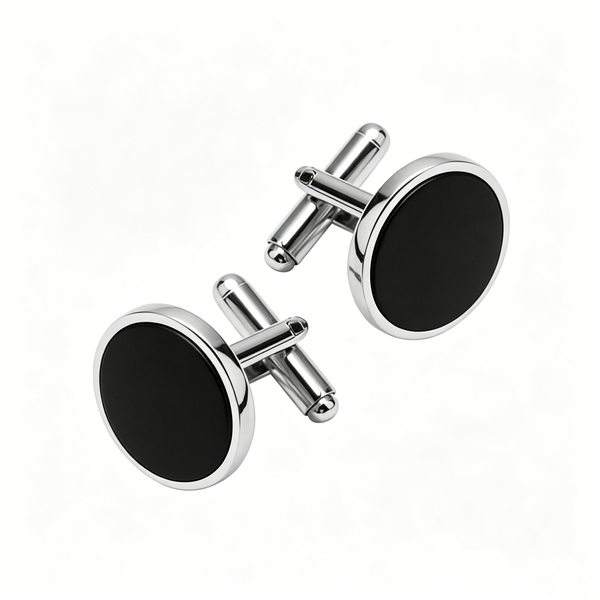 Round Shape Cufflink for Men - Black/Silver