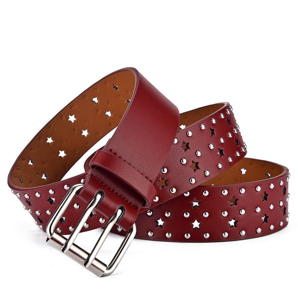 Women Double Star Eyelet Grommet Rivet Waistband PU Leather Waist Belt