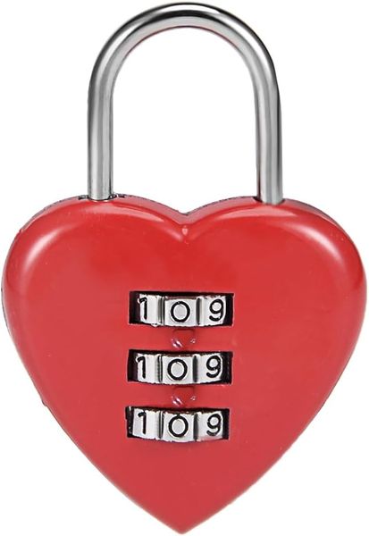 3 Digit Combination Padlock, Zinc Alloy Lock Heart Shaped, Red