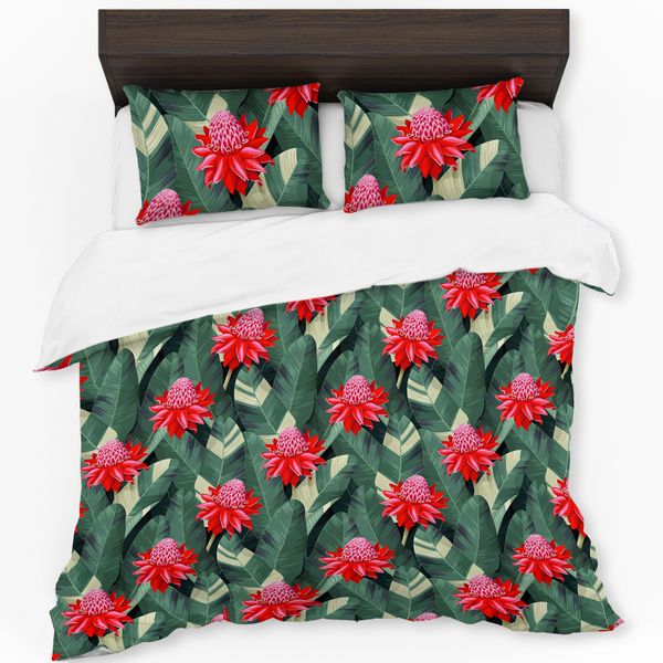 Red Flowers On Green Leaves Duvet Cover Set