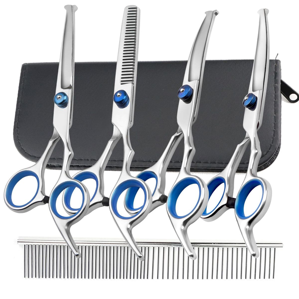 6 in 1 Professional Pet Grooming Scissors Set - with Safety Ronud Tip, Blue
