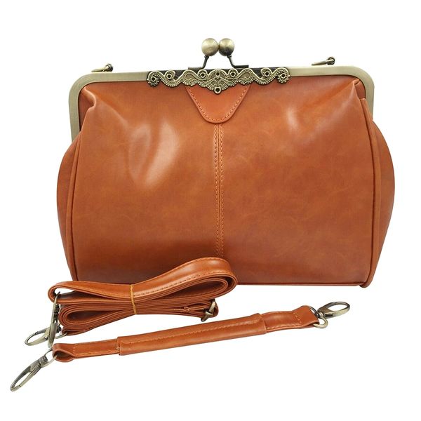 Women Vintage Frame PU Leather Kiss Lock Shoulder Purse Handbag - Brown