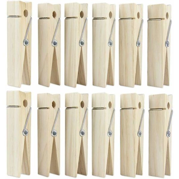 Clothespins, Wooden Pegs with Metal Spring, Pack of 100