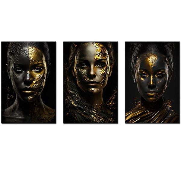 Canvas-ARt-3 Pieces Black &amp; Gold Woman Modern Face Abstract Wall Art
