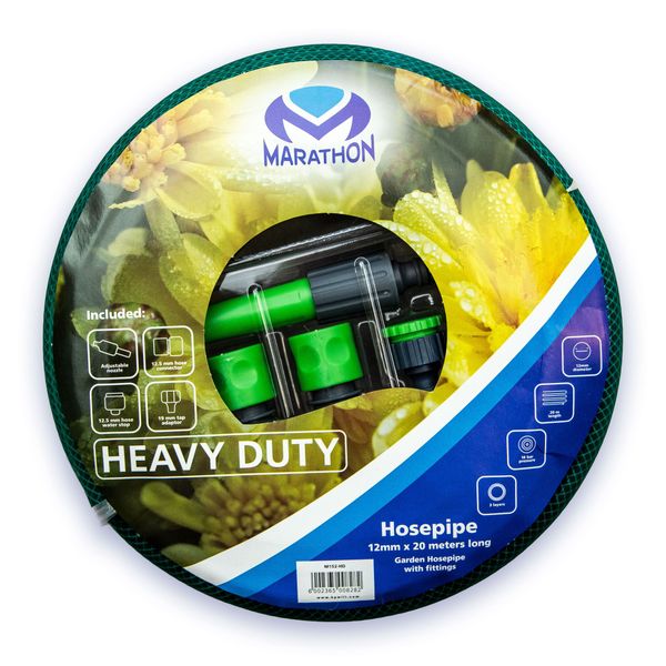 Marathon Tools Heavy Duty Garden Hosepipe with Fittings 12mm x 20M