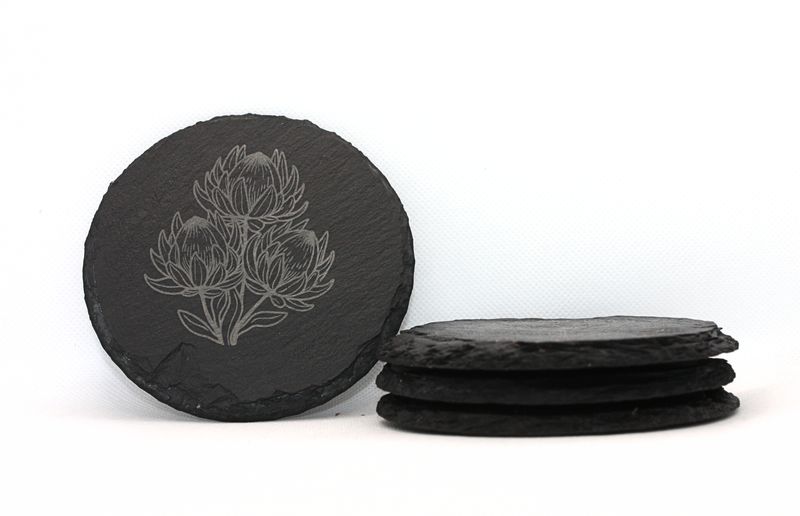 Lakit Moments Engraved Slate Coasters Set (4) - Protea Botanical Design