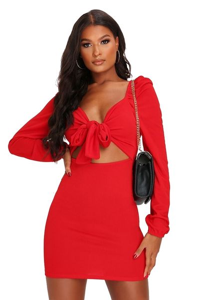 I Saw it First - Ladies Red Tie Front Milkmaid Mini Dress