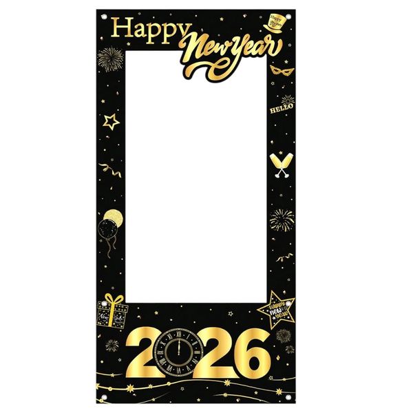 New Year 2026 Photo Booth Frame Prop - Black and Gold