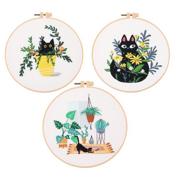 4 Set Cat Embroidery kit, floral patterns, 20 cm, Multicolor