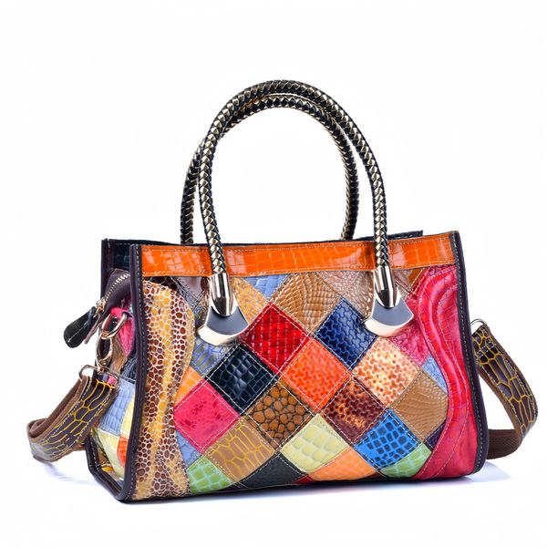 Genuine Leather Patchwork Tote Bag, Handmade Colorful Snake-Print Purse